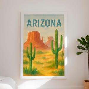 Arizona – Póster de viaje vintage en acuarela, arte mural de cactus del desierto, descarga imprimible, estilo mediados de siglo, decoración del suroeste