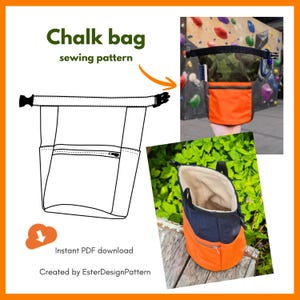 Könnte beinhalten: Ein Schnittmuster für einen Chalkbag mit einer Strichzeichnung eines Beutels mit Rollverschluss und Reißverschlusstasche vorne. Das Bild enthält zwei fertige Beispiele: eines mit einem Camouflage- und orangefarbenen Äußeren und eines in Blau und Orange.