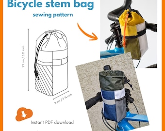 May include: A bicycle stem bag sewing pattern with dimensions of 8 cm by 22 cm (3 1/4" x 8 1/2"). The image shows a diagram and two examples of the bag attached to bicycle handlebars. The bag is in various colors and has a mesh pocket.