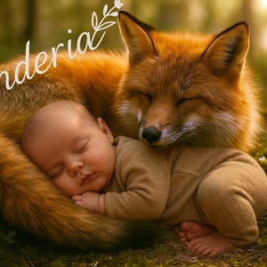 Sleeping Baby with Fox Digital Backdrop | Woodland Scene for Photography | Custom Composite Option Available | Digital Photography Backdrop