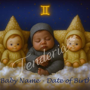 Digital Newborn Photography Backdrop | Gemini Baby Zodiac Print | Personalized Wall Art with Name & Birth Date | Gemini Art | Horoscope Baby