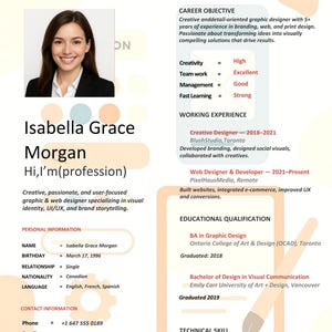 Puede incluir: Currículum vitae de Isabella Grace Morgan, diseñadora gráfica y web. Incluye foto, datos de contacto, experiencia laboral, cualificaciones y habilidades técnicas. Destaca su experiencia en branding, diseño web e impresión.