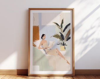 May include: A framed art print depicts a person reclining and reading. The artwork features a muted color palette with beige, green, and brown tones. A potted plant is visible in the background. The print is displayed in a wooden frame.
