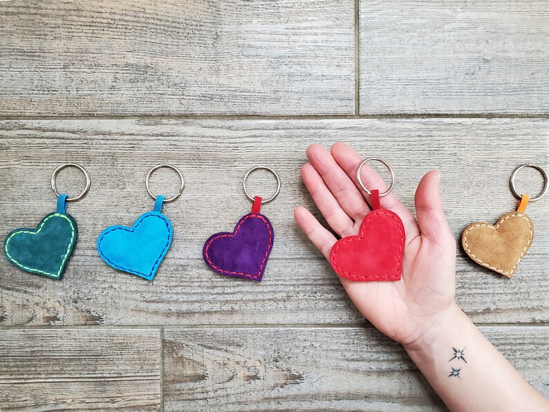 Heart keychain valentines Personalized pocket hug Small red leather gift