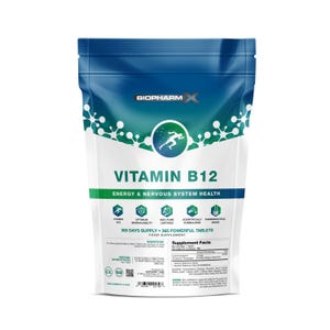 May include: A white and blue packet of Vitamin B12 tablets. The packet displays the brand name "BIOPHARM X" and the text "VITAMIN B12 ENERGY & NERVOUS SYSTEM HEALTH". The packet also includes the text "365 DAYS SUPPLY 365 POWERFUL TABLETS FOOD SUPPLEMENT".