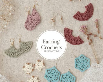 May include: A collection of handmade crochet earrings in various colors and designs, including pink, green, cream, and blue. The image features a variety of shapes, including floral and geometric patterns. The text "Earring Crochets" is displayed in a circle.