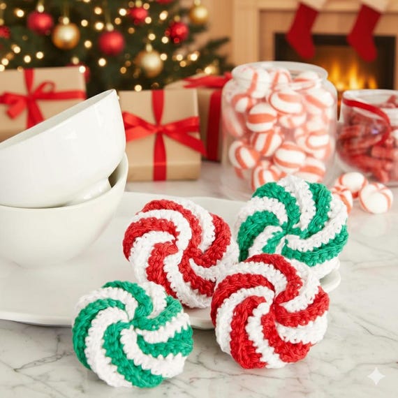 Peppermint Scrubbies Crochet Pattern PDF, Easy Holiday Spa Set, Christmas Crochet Gift Idea, Beginner Cotton Scrubby DIY Pattern