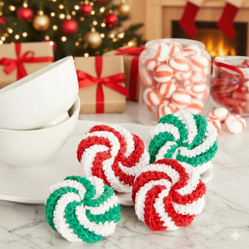 Puede incluir: Una escena festiva navide&ntilde;a con adornos en espiral de ganchillo en rojo, blanco y verde. Los adornos est&aacute;n dispuestos sobre un plato blanco, con tarros de caramelos y regalos envueltos en el fondo. Tambi&eacute;n se ve un &aacute;rbol de Navidad decorado.