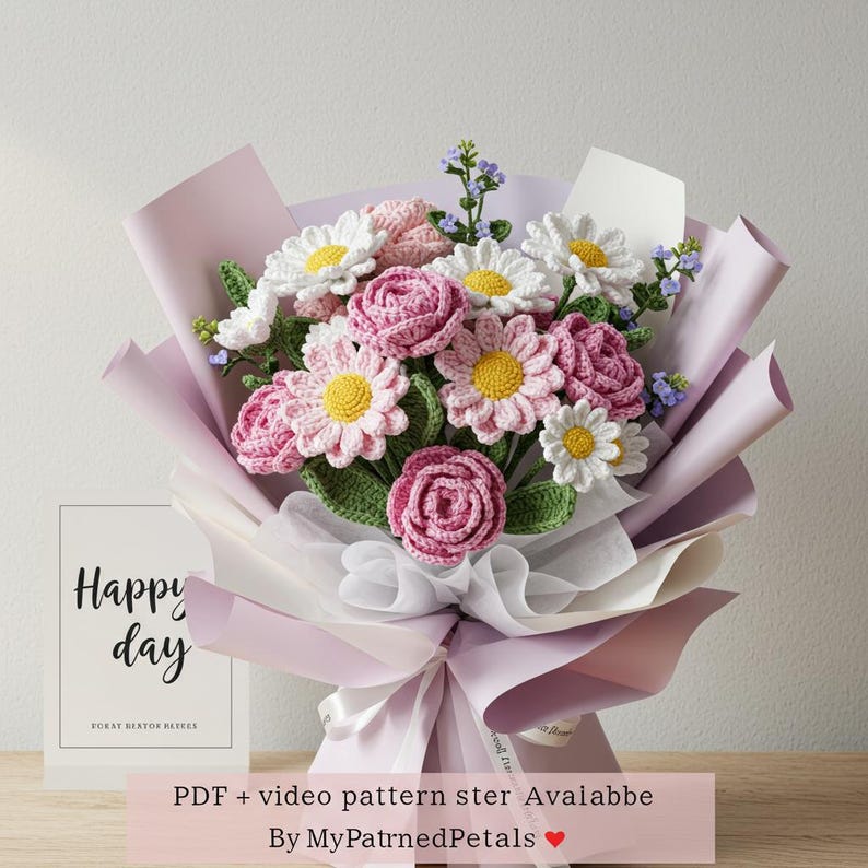 Tulip Bouquet with Video Tutorial crochet flower pattern listing photo by MyPatternedPetals