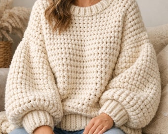 Chunky Crochet Sweater Pattern PDF, Cozy Oversized Winter Pullover with Balloon Sleeves, Beginner Friendly