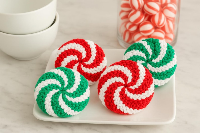 Puede incluir: Un conjunto de posavasos hechos a mano, tejidos a ganchillo, con un dise&ntilde;o de remolino de caramelo. Los posavasos son rojos, blancos y verdes, parecidos a caramelos de menta. Se muestran en un plato blanco.