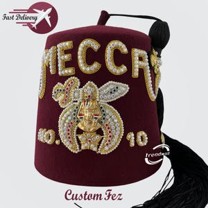 Masonic Shriner Fez Custom Temple Name With Black Tassel & Rhinestones Embroidery Work