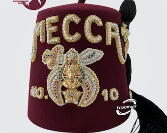 Freimaurer Shriner Fez Benutzerdefinierter Tempel Name mit schwarzer Quaste und Strass Stickerei
