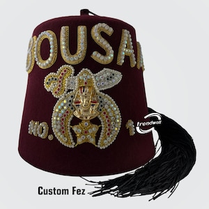 Shriner Fez Custom Temple Name Or Lodge Number With Black Tassel & Rhinestones Embroidery Work