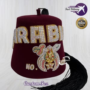 Masonic Shriner Fez Custom Temple Name & Rhinestones Embroidery Work With Black Tassel
