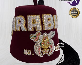 Masonic Shriner Fez Benutzerdefinierter Tempel Name & Strass Stickerei Arbeit mit schwarzer Quaste