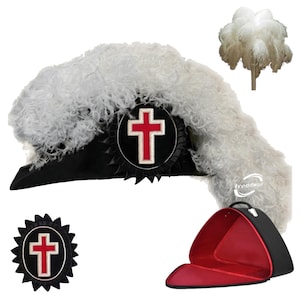 May include: A black and white Masonic hat with a red cross emblem, white feather trim, and a matching emblem. Includes a black carrying case with a red interior and a separate white feather plume.