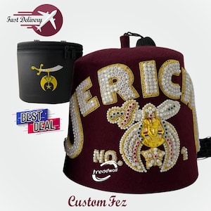 Rhinestone Masonic Shriner Fez with Case: Custom Embroidered Temple Name