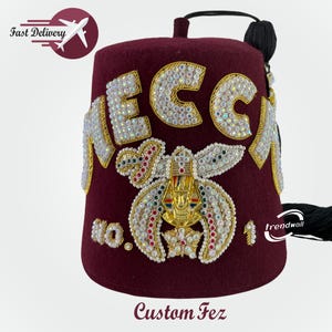 Masonic Shriner Fez (MECCA) Custom Temple Name & Rhinestones Embroidery Work With Black Tassel