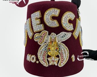 Freimaurer Shriner Fez (MECCA) Benutzerdefinierter Tempel Name & Strass Stickerei Arbeit mit schwarzer Quaste