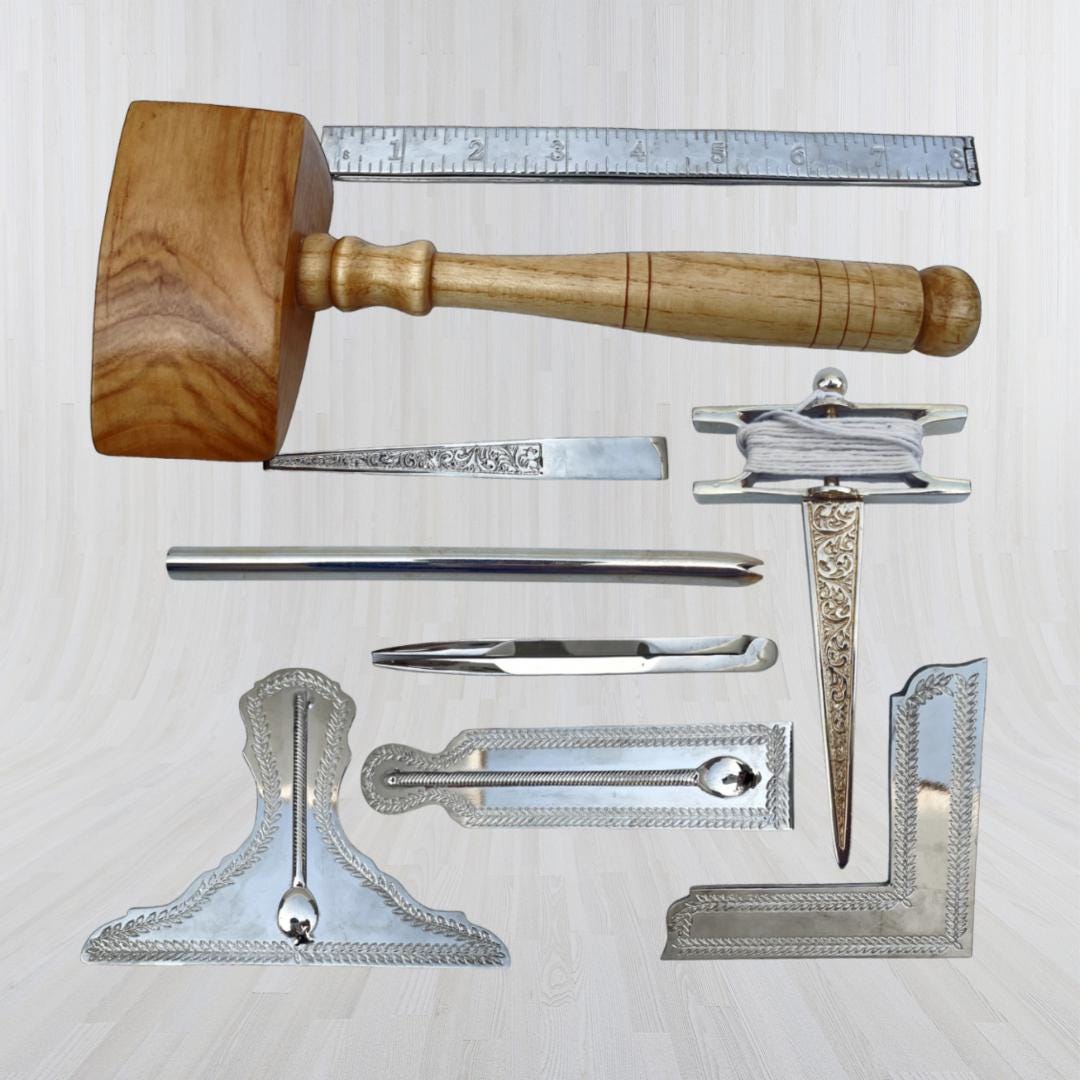 Masonic Freemason Standard Wooden Gavel & Silver Tone Working Tools Set ...