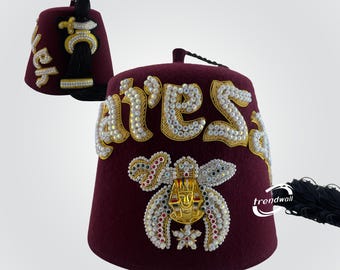 Freimaurer Shriner Fez: Benutzerdefinierter gestickter Tempel-Name, Rhinestone-Detail