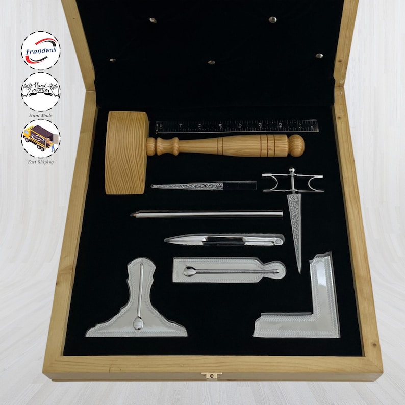 Masonic Freemason Standard Wooden Gavel & Silver Tone Working Tools Set ...