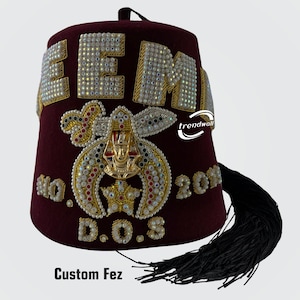 Masonic Shriner Custom Fez With Bottom And Back Wording Black Tassel & Rhinestones Embroidery Work