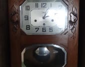 Vintage French Carillon Romanet FFR Ma Normandie Wood Wooden Wall Hanging Clock Key Wind Up Pendulum Chime circa 1950-60 39 s EVE of England