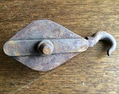 Vintage French rusty iron well barn double twin rope pulley hook tool block circa 1930-40 39 s EVE of England