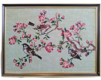 Vintage French Tapestry Cross Stitch Girl Lady Dog Tree Reproduction Portrait Wall Hanging circa 1950-60/'s EVE of Europe