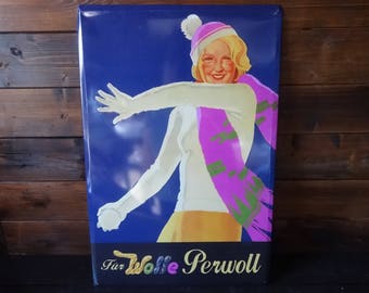 Vintage German Shop Sign Adveritising Wolle Perwoll Knitting Wool Wash Liquid Sign Girl With Snowball Metal circa 1980-90's / EVE of Europe