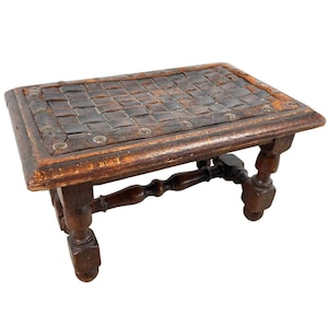 Antique French Footstool Foot Stool Rest Leather Topped Wooden Bench Seat Tiny Table Stand Display Prop Worn Furniture c1910-20&#39;s / EVE