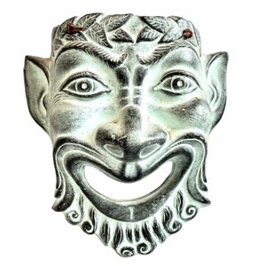 Vintage Greek Satyr Devil Grey Green Clay Face Mask Wall Hanging Decor Display Prop Design circa 1990&#39;s / English Shop