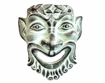 Vintage Greek Satyr Devil Grey Green Clay Face Mask Wall Hanging Decor Display Prop Design circa 1990's / English Shop