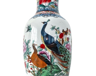 19世紀中国製 伊万里焼 蓋付き花瓶：コバルトブルーと赤錆色の花模様
