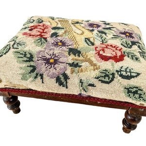 Antique Stool French Harp Flowers Decorated Straw Stuffed Cushioned Small Wooden Foot Footstool Rest Design Tabouret REPAIRED c1910's / EVE