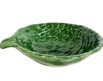 Vintage Portugese Green Artichoke Large Bowl Dish Platter Plate Ceramic Catch-All Trinket Serving circa 1970-80's / EVE
