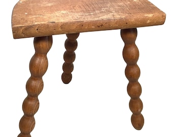 Vintage French Wooden Tripod Bobbin Leg Milking Stool Chair Seat Table Farm D Shaped Seat Plant Rest Stand Plinth Tabouret c1960-70's / EVE