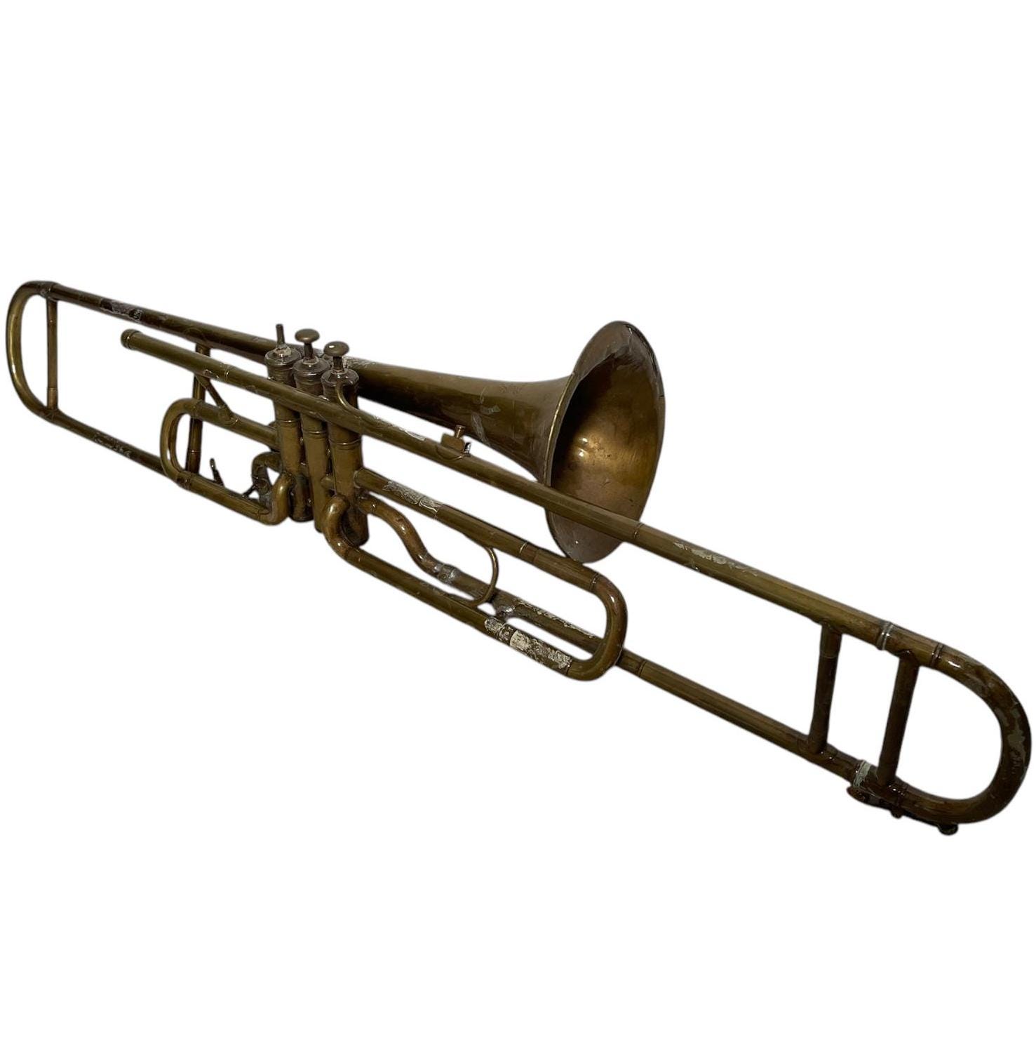 Réplique Miniature Trombone Plaquée Or Avec Support Et Étui - Ornement Musical Doré