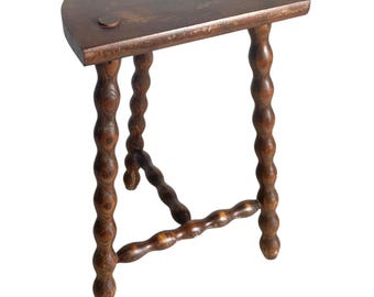 Vintage French Milking Stool Wooden Bobbin Leg Braced D Shaped Seat Stand Table Rustic Rural Tabouret Farmhouse circa 1950-60's / EVE