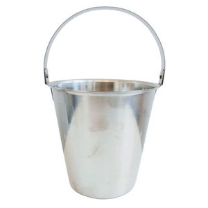 May include: A silver metal bucket with a handle. The bucket is empty and has a shiny surface.