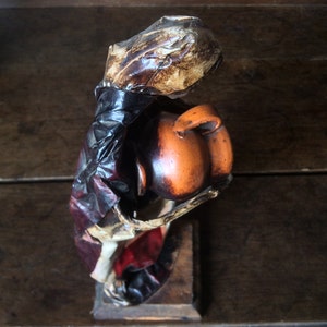 Vintage French Paper Art Old Lady With Water Bucket Figurine On Wooden Base circa 1950-60&#39;s / EVE of Europe