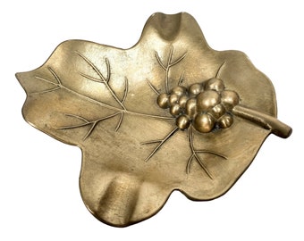 Vintage French Brass Small Grape Vine Leaf Dish Plate Catch-All Ornament Decorative circa 1960-70's / EVE