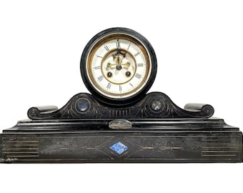 Antique French Black Marble Lapiz Stone Mantlepiece Wind Up Clock Timepiece Untested circa 1879 / EVE