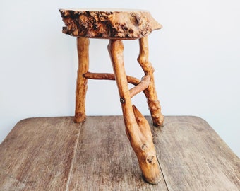 Vintage French Stool Wooden Wood Heavy Branch Log Milking Chair Seat Table Stand Kitchen Plant Display Tabouret circa 1960-70's / EVE