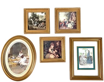 Vintage French English Small Framed Print Collection Of Five Reproduction Artworks Pictures Wooden Wood Gold Framed c1970-80's / EVE