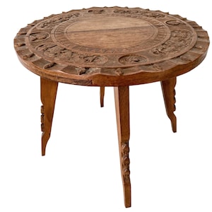 Vintage Madagascan African Tabouret Table Africa Ornately Carved Heavy Decorated wooden side stand display circa 1970-80&#39;s / EVE