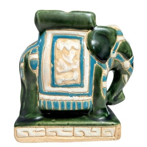 Vintage Chinese Small Elephant Green Blue Brown Ceramic Display c1970-80&#39;s / EVE