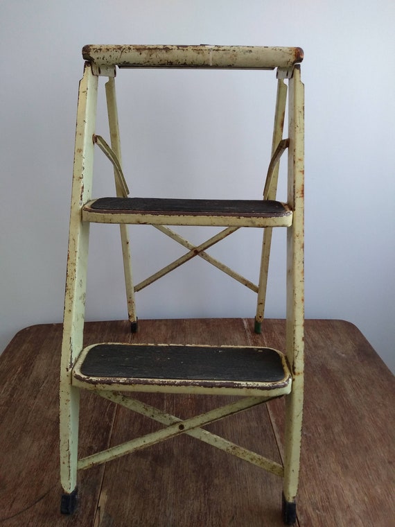 Vintage French Metal Yellow Rusty Stepladder Steps Step Ladder